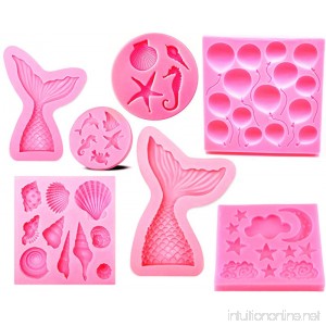 stbeyond 7pack Silicone Fondant Cake Molds - Mermaid Mold Candy Mold - Cupcake DIY Baking Decoration Tools - Mermaid Tails(Large+Small)+Sea Creatures+ Moon Stars Clouds + Balloon (1) - B07CXGZKM4